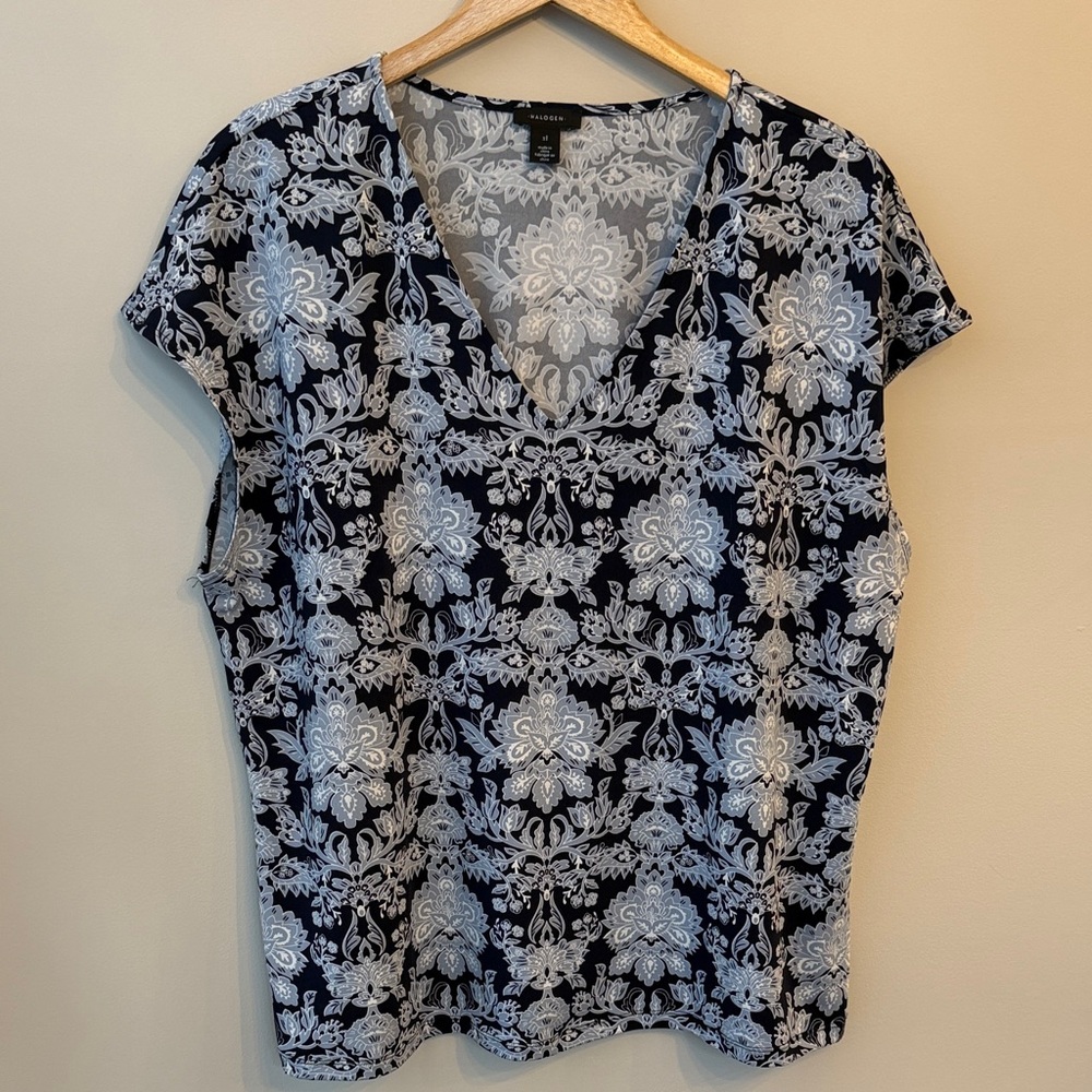 Halogen® V-Neck Cap Sleeve Shirt Navy Grey White size XL